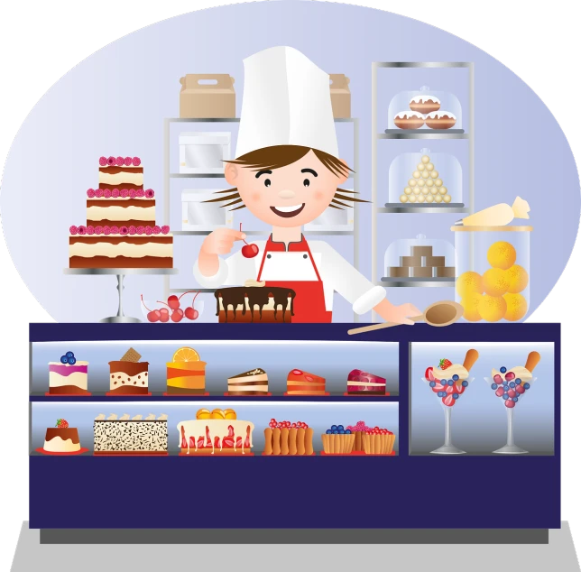 a woman that is standing in front of a counter, an illustration of, sweets, detailed vector, fine professional photo, children\'s illustration