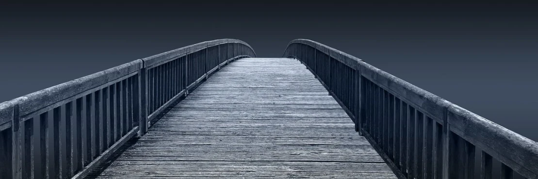 a black and white photo of a wooden bridge, inspired by Jan Rustem, trending on pixabay, dark blues, isolated, rendered, made with photoshop