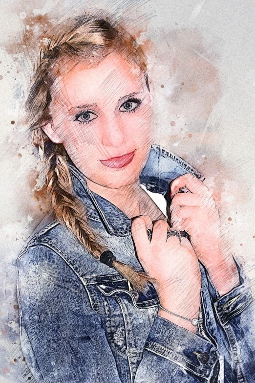 a watercolor painting of a woman in a denim jacket, trending on pixabay, digital art, blonde braids and blue eyes, old photo style, teenager girl, colored screentone