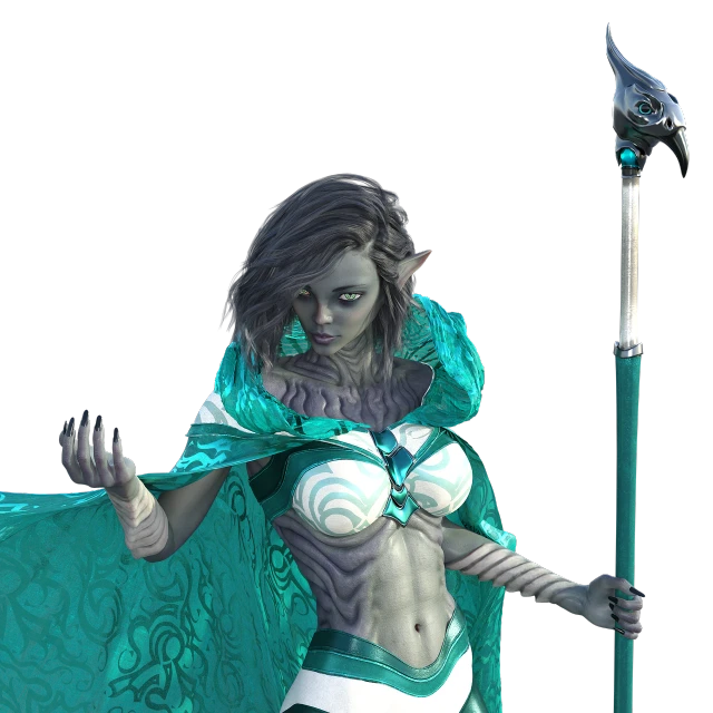 a woman dressed in green is holding a spear, fantasy art, stylized as a 3d render, white and teal garment, supervillain sorceress witch, depicted as a 3 d render