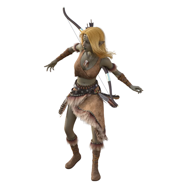 a woman in a costume holding a bow and arrow, by senior character artist, zbrush central contest winner, renaissance, wearing cave man clothes, she is dancing. realistic, ingame image, female humanoid creature