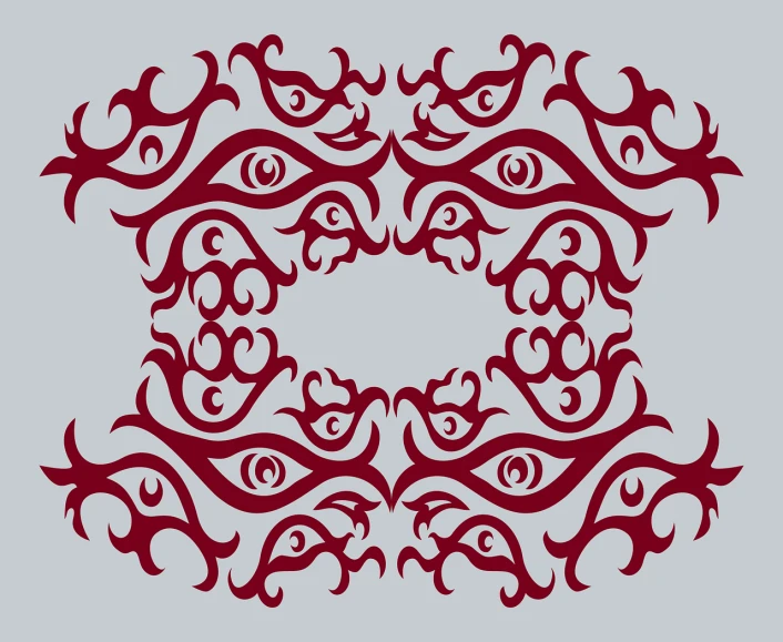 a red circular design on a gray background, a tattoo, abstract illusionism, multiple eyes, baroque frame border, oval eyes, chinoiserie pattern