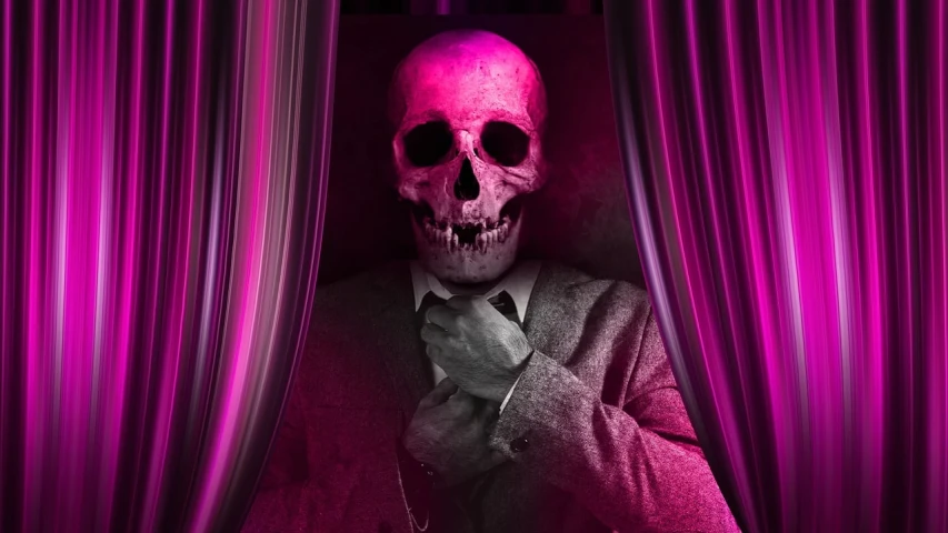 a man in a suit and tie with a skull on his face, by Elias Ravanetti, magenta, new horror movie advertising, behind red curtains, photo render
