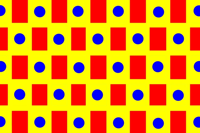 a yellow background with blue dots and squares, a digital rendering, inspired by Alexander Stirling Calder, flickr, op art, wearing red and yellow clothes, repeating fabric pattern, flag, law of thirds