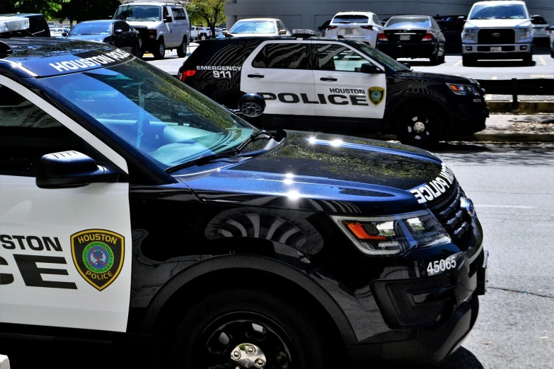 a police car parked on the side of the road, by Linda Sutton, pixabay, photorealism, bottom angle, 1128x191 resolution, middle shot waist up, gary houston