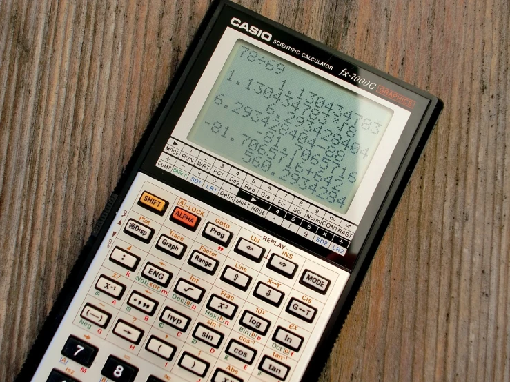 a calculator sitting on top of a wooden table, by Yasushi Sugiyama, algorithm, from wikipedia, stunning screenshot, al fresco