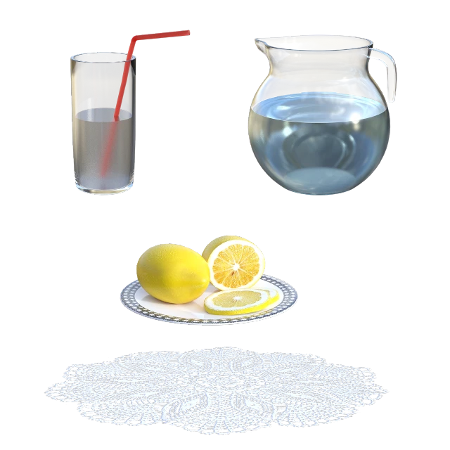 a pitcher of water, lemons, and a glass of water, a raytraced image, polycount, highly detailed marble cloth, various items, golden ration composition, on black background