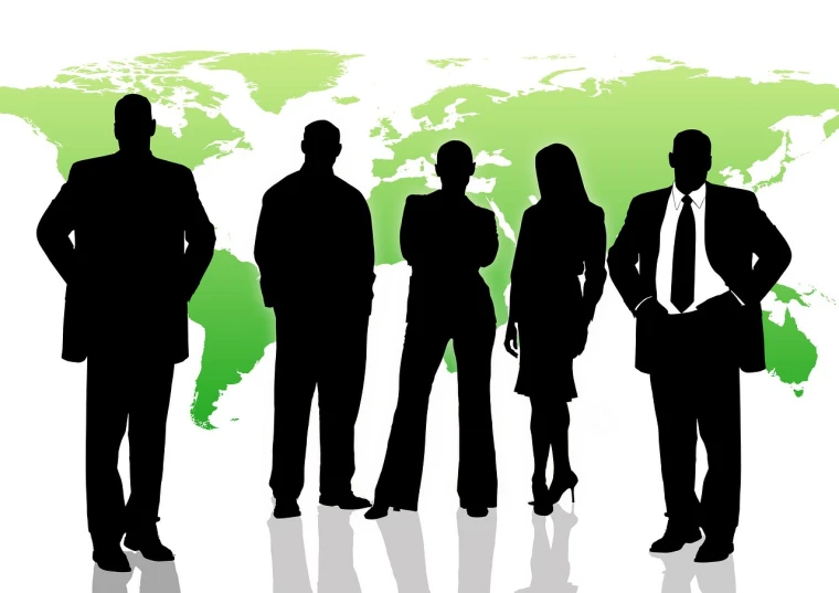 a group of business people standing in front of a world map, by David Burton-Richardson, excessivism, green tonalities, silhouette!!!, istockphoto, white background