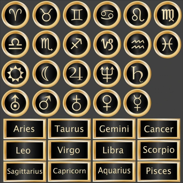 a set of black and gold zodiac signs, vector art, table is centered, illustrator vector graphics, metallic buttons, planets align