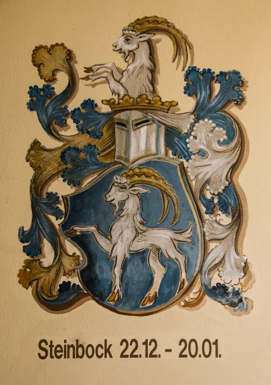 a picture of a coat of arms on a wall, a detailed painting, folk art, blue unicorn, very very well detailed image, family crest, indoor