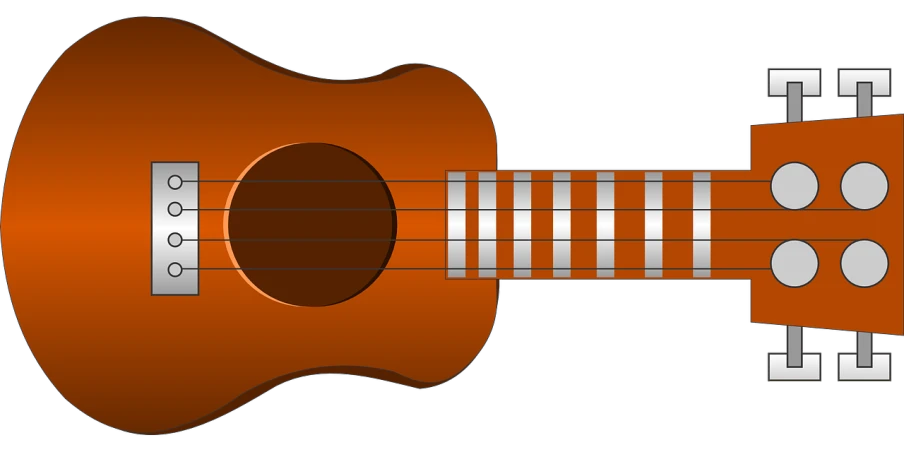 a close up of a guitar on a black background, a digital rendering, inspired by Carlos Enríquez Gómez, sōsaku hanga, ukulele, orange body, vectorized, wikimedia