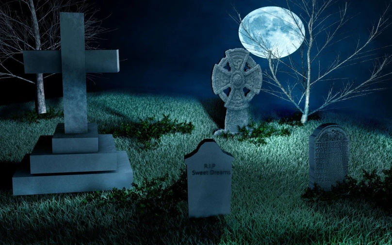 a cemetery at night with a full moon in the background, digital art, shutterstock, rendered image, background image, corpses come to life, wallpaper - 1 0 2 4