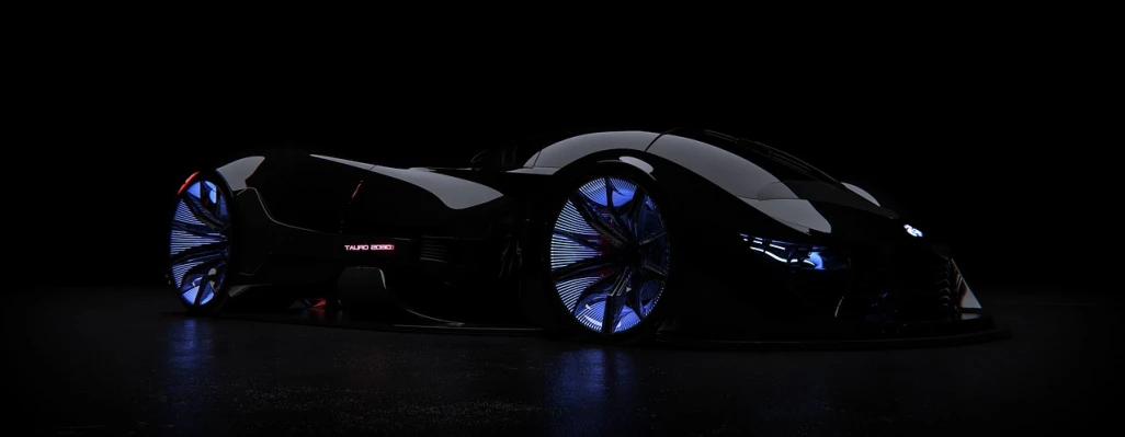 a car that is sitting in the dark, a 3D render, trending on polycount, futurism, wheel, thunder, black car, futuristic style spiderman