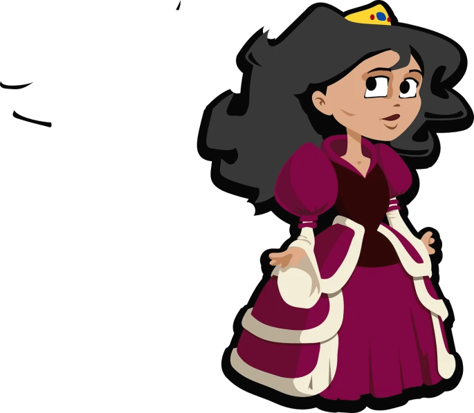 a woman in a purple dress with a crown on her head, a character portrait, inspired by reyna rochin, tumblr, disney 2d animation still, sarah andersen, stylized as a 3d render, spanish princess