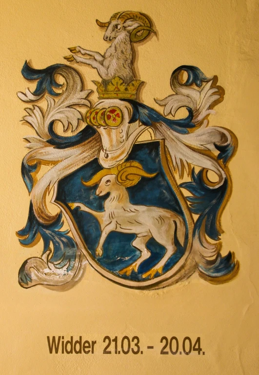 a picture of a coat of arms on a wall, a detailed painting, by Hinchel Or, flickr, a goat, krenzcushart, arms, ultramarine