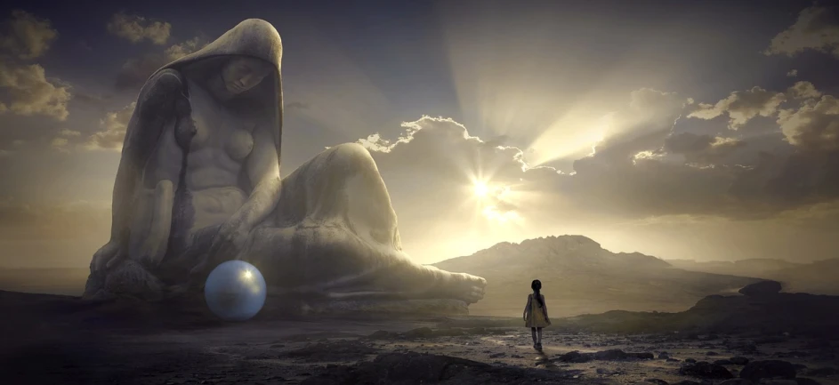 a person standing in front of a giant rock, inspired by Gediminas Pranckevicius, fantasy art, marc adamus, the girl and the sun, interconnected human lifeforms, dreams of silver surfer