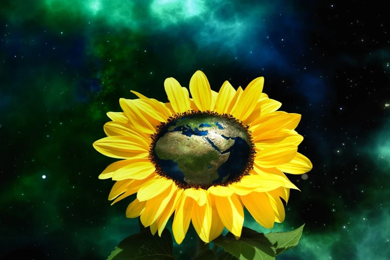a sunflower with the earth in the middle of it, ecological art, high quality fantasy stock photo, mobile wallpaper, very accurate photo, very beautiful photo