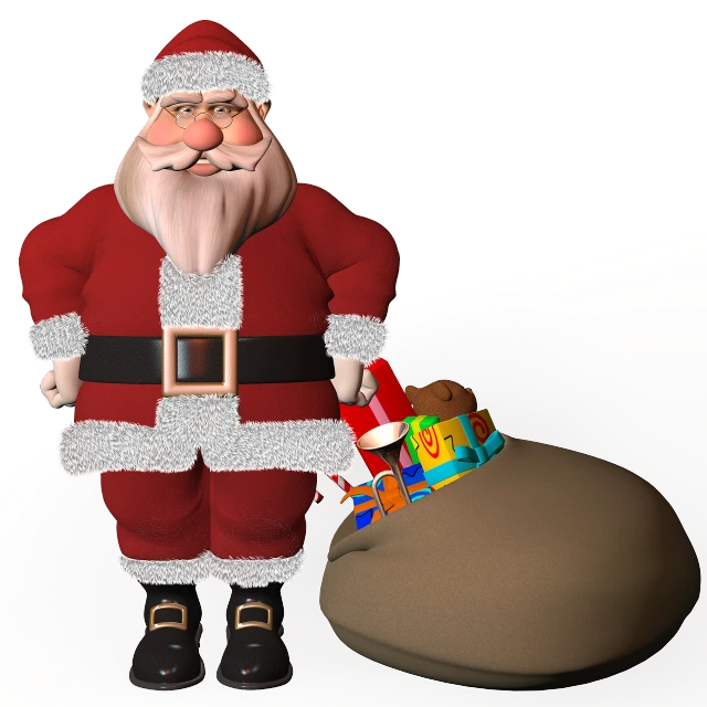 a cartoon santa claus standing next to a sack of presents, a raytraced image, by Susan Heidi, realism, clay render, 2 0 2 2 photo, 2 0 1 0 photo, animated