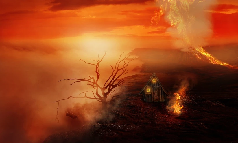 a house sitting on top of a hill next to a fire, a matte painting, pixabay contest winner, digital art, fiery atmosphere, sweet home, hellish background, end of the day