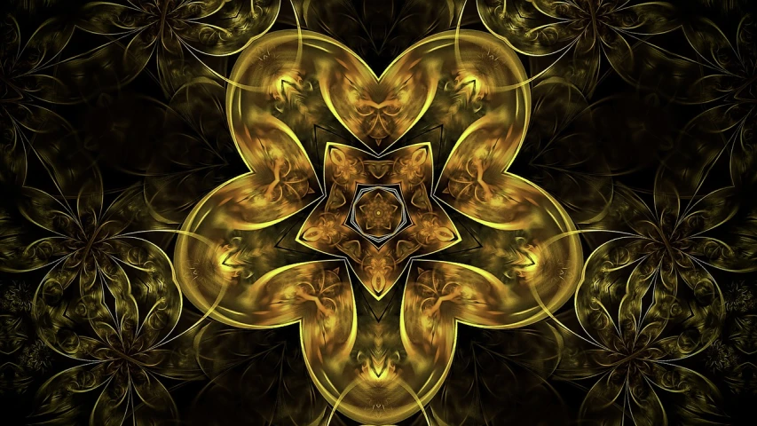 a close up of a yellow flower on a black background, digital art, ornate gilded cosmic machine, symmetrical background, celtic golden symbols, intense smoldering