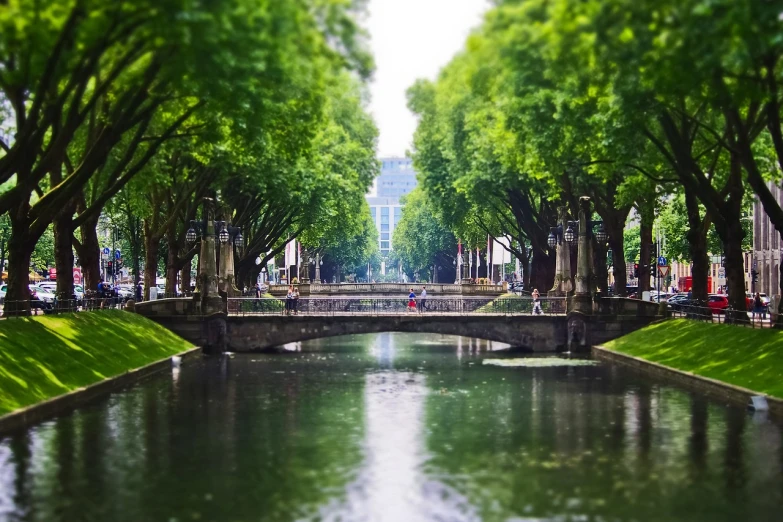 a bridge over a river surrounded by trees, a tilt shift photo, by Tadashige Ono, in a city square, symmetry!, phone photo, green waters