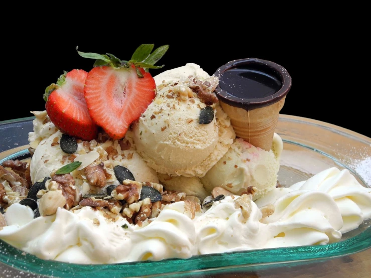 a close up of a plate of food with ice cream and strawberries, by Aleksander Gierymski, pixabay, renaissance, nut, olive garden, swirl, highly detailed product photo