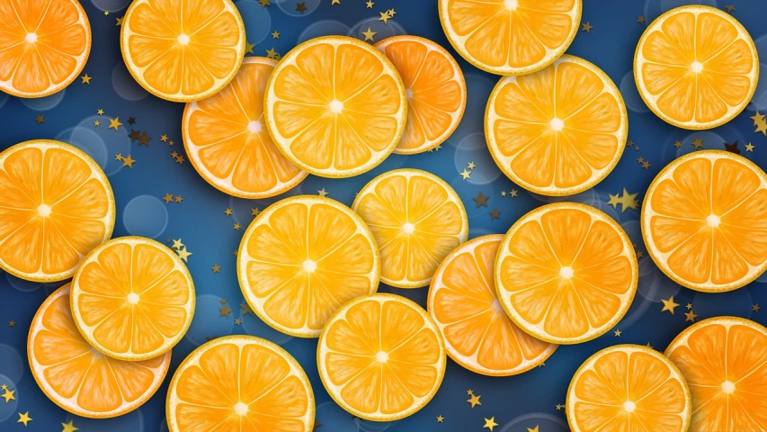 a bunch of orange slices sitting on top of a blue surface, vector art, by Juan Giménez, trending on shutterstock, art deco, stars background, high quality product image”