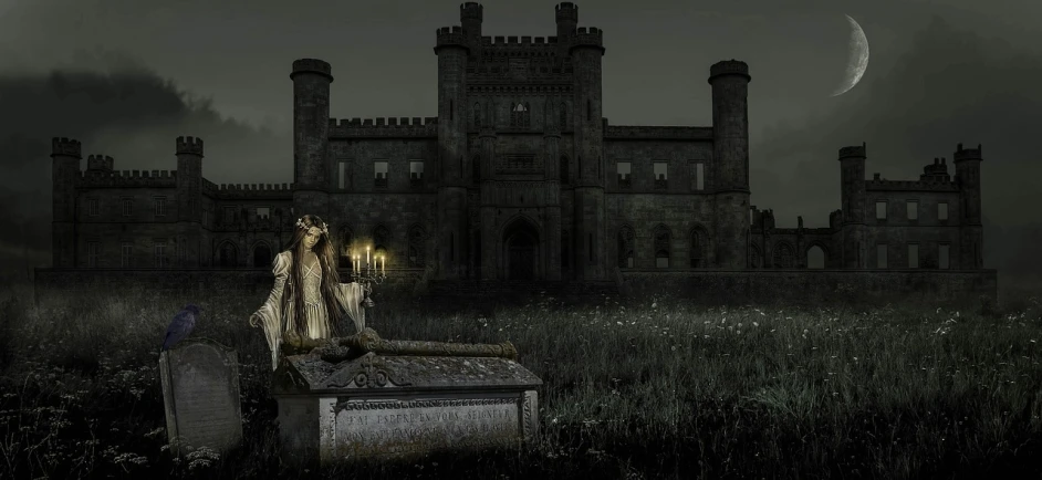 a woman standing on a grave in front of a castle, pixabay contest winner, gothic art, late night melancholic photo, sleeping beauty, sitting in a castle, southern gothic