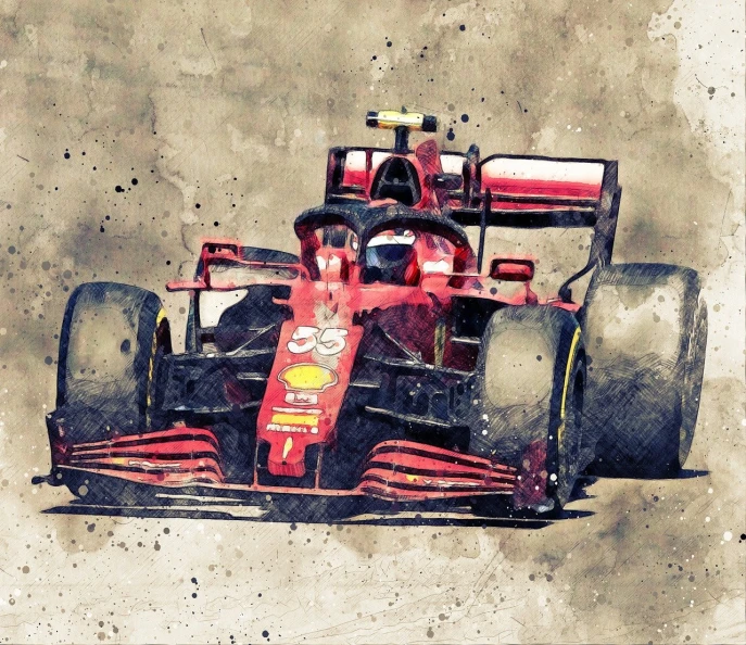 a watercolor painting of a racing car, inspired by Alonso Vázquez, shutterstock, digital art, f 1 driver charles leclerc, full of sand and dust, banner, edited