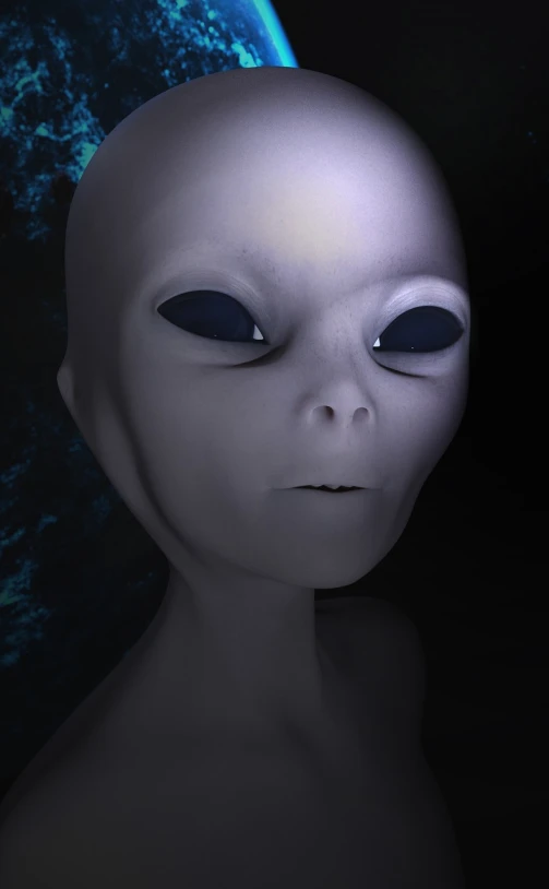 a close up of an alien head with a planet in the background, digital art, inspired by E. T. A. Hoffmann, ambient occlusion render, glowing grey eyes, close up portrait photo, smooth oval head