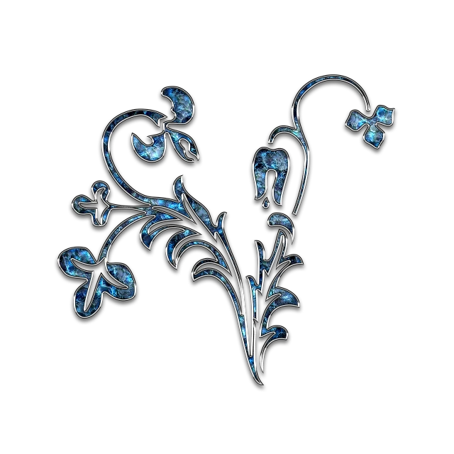 a close up of a flower on a black background, a digital rendering, inspired by Louis Eilshemius, art nouveau, blue metal, 1 8 th century spring ornaments, simple path traced, baroque objects