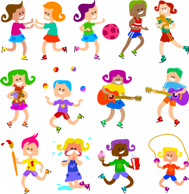 a group of children playing different kinds of musical instruments, by Harry Beckhoff, shutterstock, process art, girl running, on a flat color black background, cartoon style illustration, holding maracas