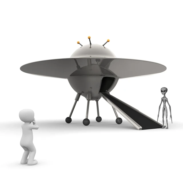 a man that is standing in front of a spaceship, pixabay contest winner, surrealism, isolated on white background, alien antenna, 3 d models, of a family leaving a spaceship