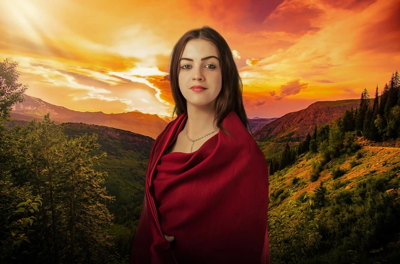 a woman standing on top of a lush green hillside, a portrait, by Juan O'Gorman, pixabay contest winner, digital art, red silk scarf, red skies, masterpiece! portrait of arwen, in mountains