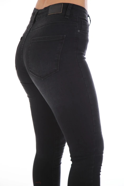 a close up of a person wearing a pair of jeans, shutterstock, black halo, 3/4 side view, productphoto, black leggins