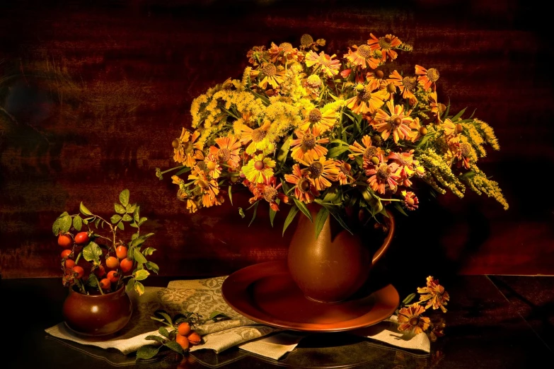 a vase of flowers sitting on top of a table, a still life, by Carol Bove, shutterstock contest winner, fine art, background full of brown flowers, autumn color, photo - realistic wallpaper, museum masterpiece