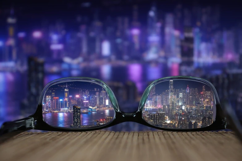 a pair of glasses sitting on top of a wooden table, shutterstock, city like hong kong, infinite reflections, middle close up composition, during the night