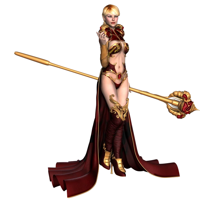 a woman in a red and gold outfit holding a sword, inspired by Leona Wood, zbrush central contest winner, fantasy art, 3 d render of a full female body, scepter, elegant glamor pose, orianna