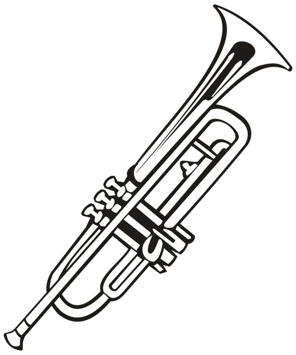 a black and white picture of a trumpet, lineart, sōsaku hanga, white outline, colored accurately, mat black metal, (extremely detailed