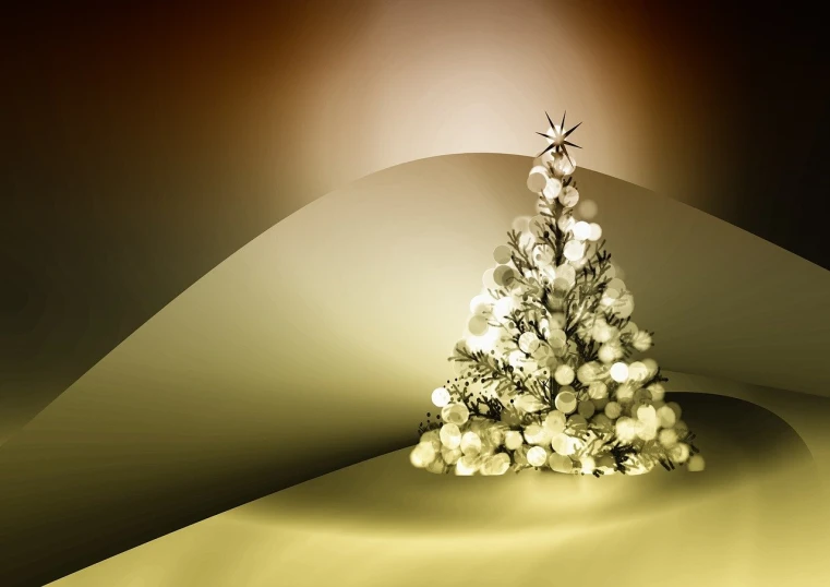a christmas tree sitting on top of a table, a digital rendering, minimalism, gold background, gradient brown to white, photorealistic photo, good lighted photo
