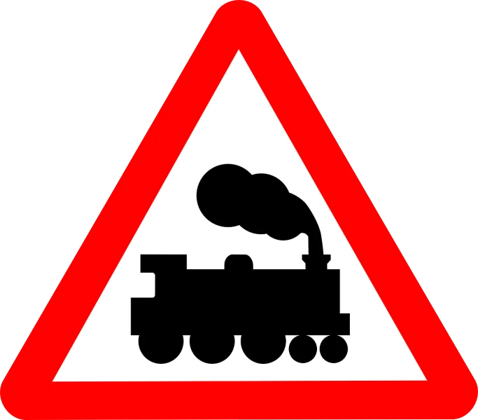 a red and white sign with a train on it, pixabay, trailing white vapor, warning lights, no gradients, highly contrasted elements