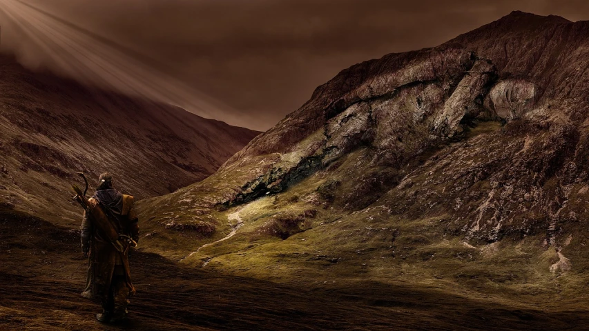 a man standing on top of a lush green hillside, a matte painting, inspired by John Martin, digital art, brown colours, scottish highlands, barbarian on mars, vertical wallpaper