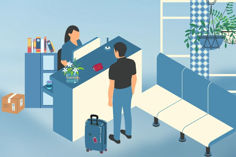 a couple of people that are standing in a room, an illustration of, shutterstock, terminal, created in adobe illustrator, detailed information, holiday