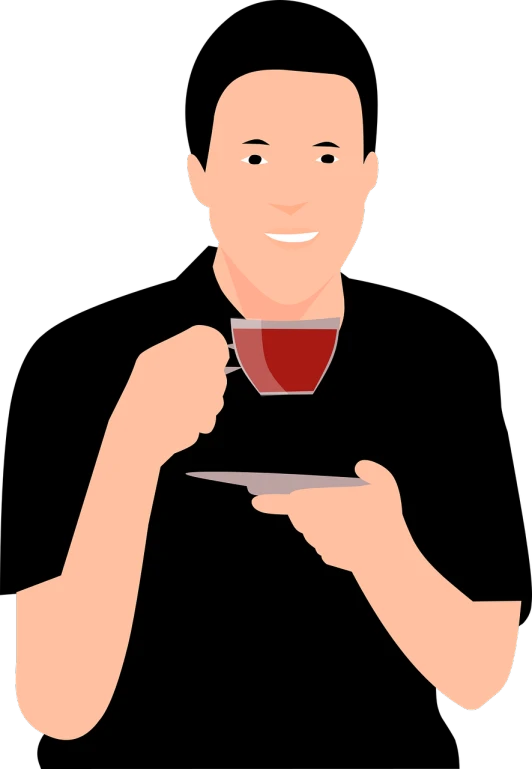 a man holding a plate with a cup of coffee on it, vector art, by Andrei Kolkoutine, pixabay contest winner, digital art, is ((drinking a cup of tea)), he is wearing a black t-shirt, drinking wine, !subtle smiling!