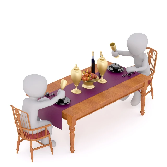 a couple of people that are sitting at a table, a digital rendering, by John Henderson, pixabay contest winner, figuration libre, battle toast, 3 d model, wikihow illustration