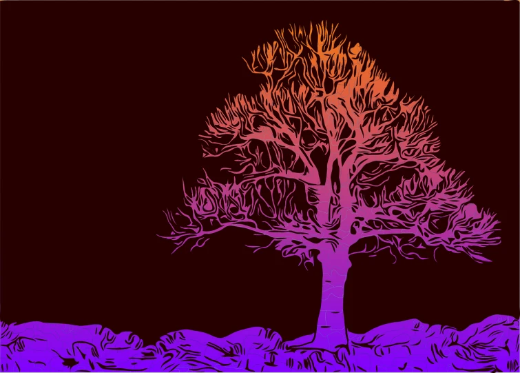 a drawing of a tree in the middle of a field, digital art, orange and purple color scheme, high contrast of light and dark, colored woodcut, background with neon lighting