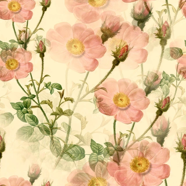 a close up of a bunch of pink flowers, a digital rendering, inspired by Frederick Goodall, seamless pattern, rose-brambles, restored photo, on a botanical herbarium paper