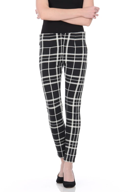 a woman is standing with her arms crossed, a picture, bauhaus, plaid tights, ( ivory black ), reluvy5213, square lines