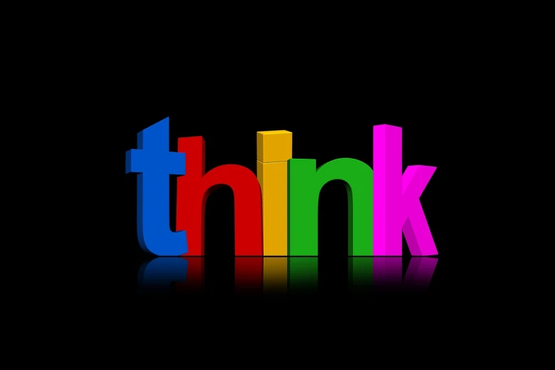a colorful word that says think on a black background, by Thomas Barker, trending on pixabay, think in 3 d, on a flat color black background, 2013, simple logo