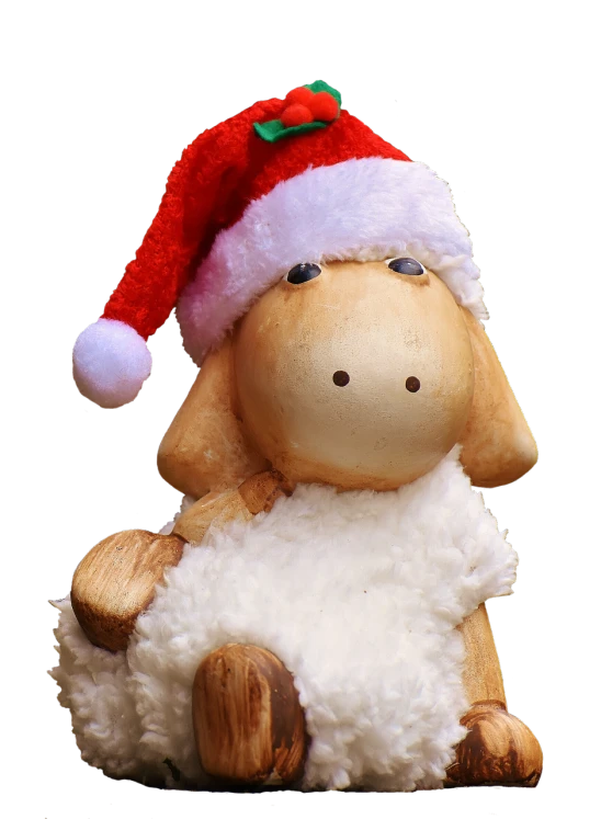 a close up of a stuffed sheep wearing a santa hat, a portrait, pixabay, figuration libre, wooden, avatar image, watch photo, on black background